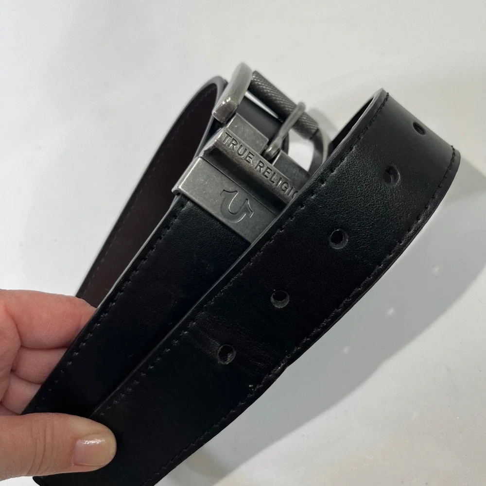 True Religion Reversible Belt Mens 38 Black Brown Faux Leather Silver Buckle Y2K